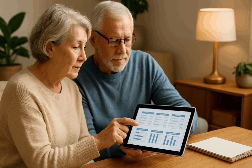 Senior couple reviewing Indiana Medigap Policies on a tablet at home, surrounded by cozy lighting, plants, and financial planning materials.