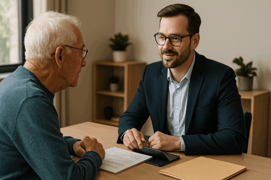 Senior man discussing Indiana Medigap Policies with an insurance advisor at a modern office desk with digital tablet and documents.