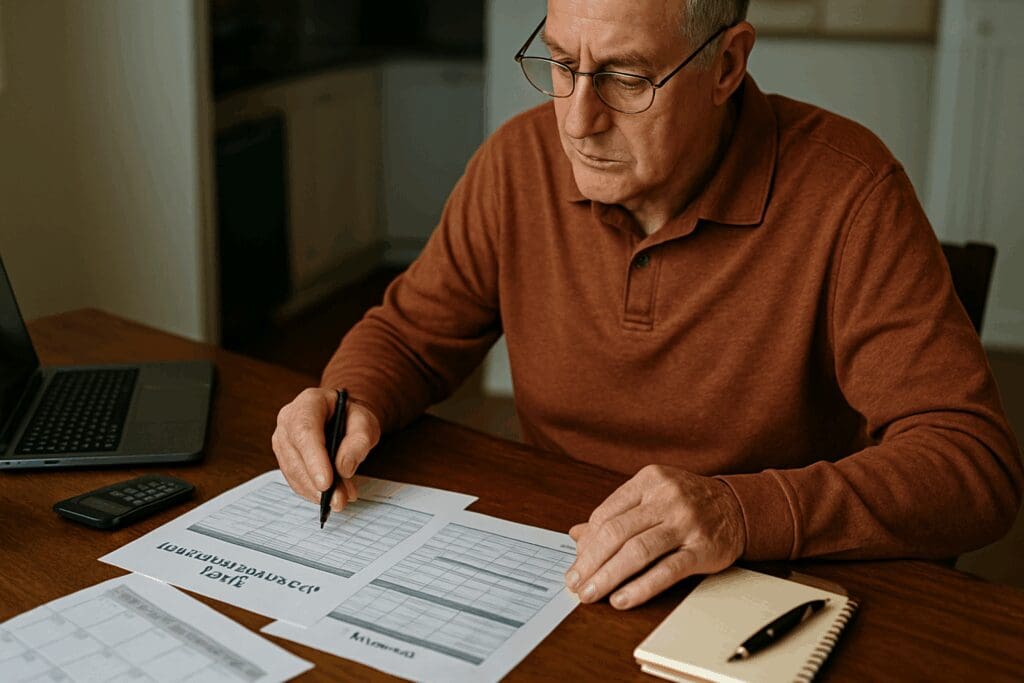Senior man analyzing health insurance documents and planning Indiana Medigap Policies coverage at home office table.