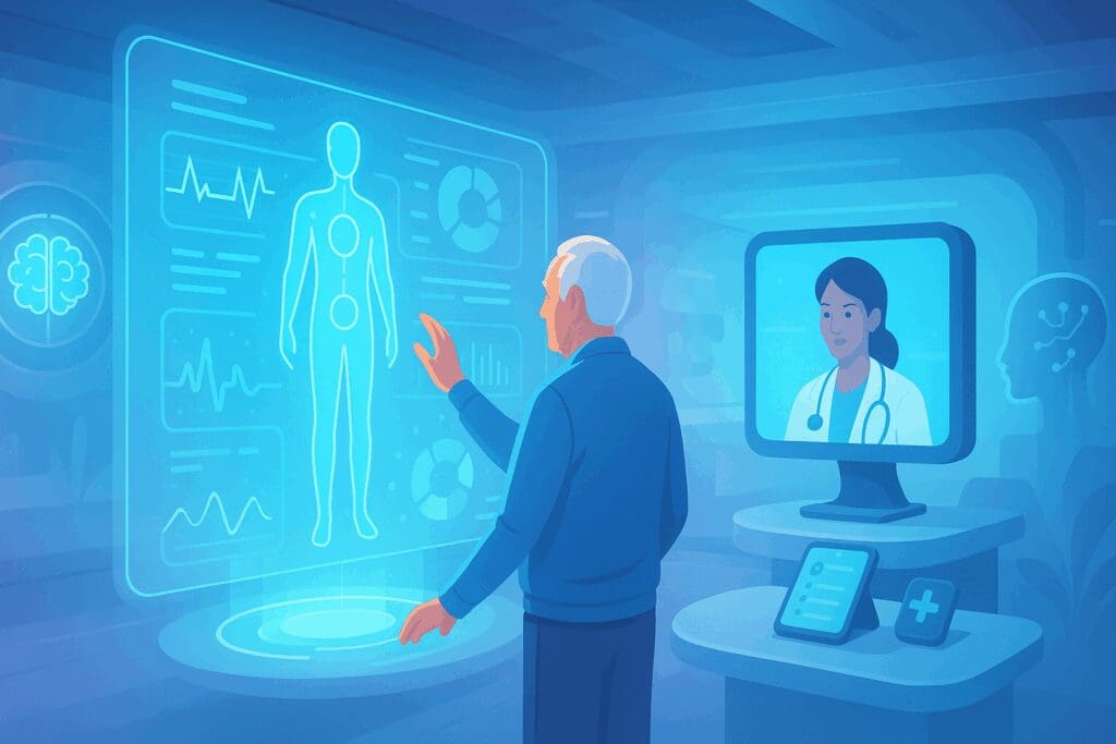 Senior exploring holographic medical data and AI telehealth tools in a futuristic clinic reflecting Indiana Medigap Policies innovation.