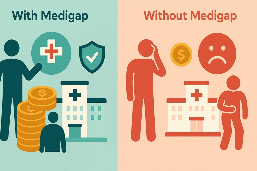 Side-by-side infographic showing financial and health differences with and without Indiana Medigap Policies using icons of people, coins, and hospitals.