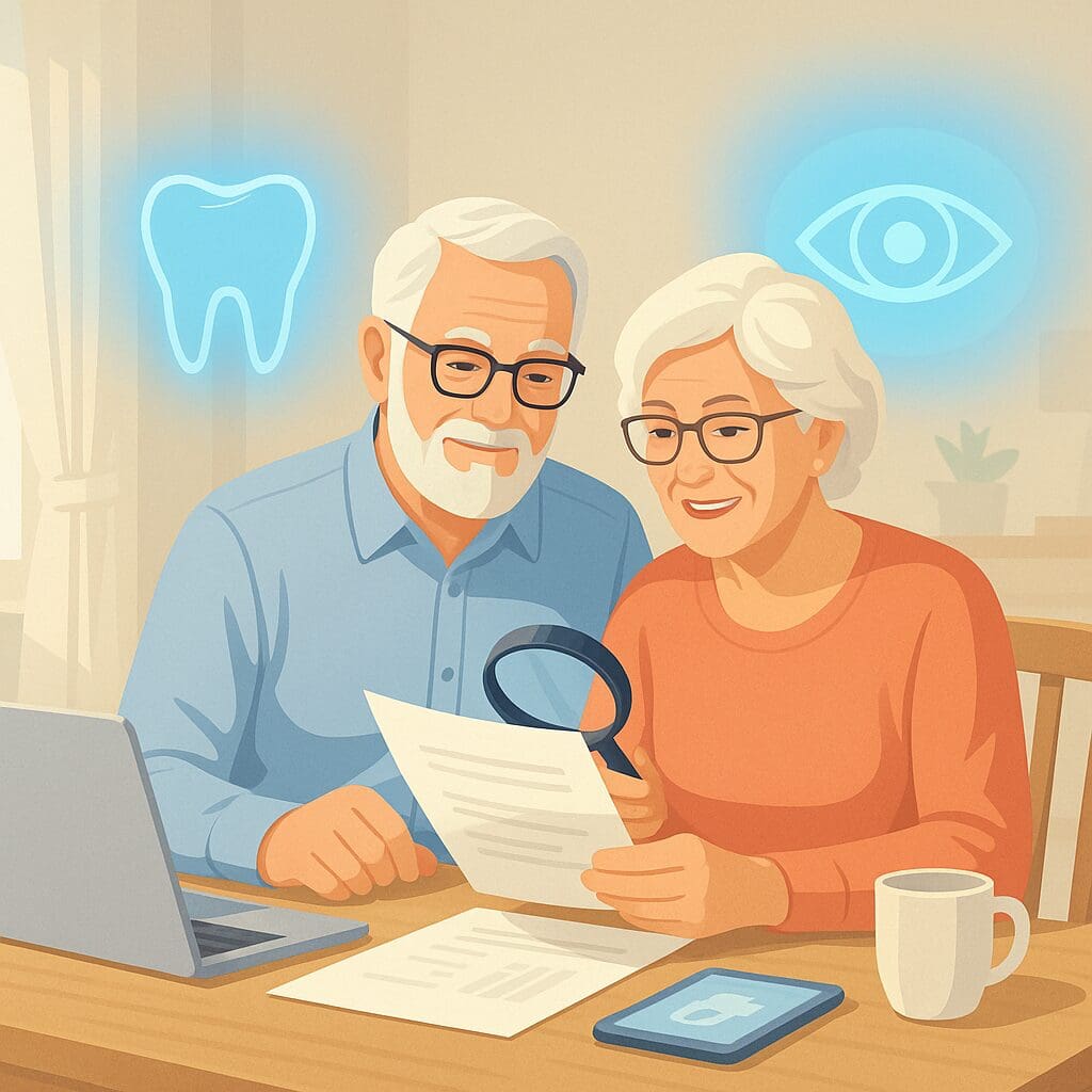 Senior couple reviewing documents with laptop, surrounded by icons representing Medicare Dental and Vision Plans in a bright setting.