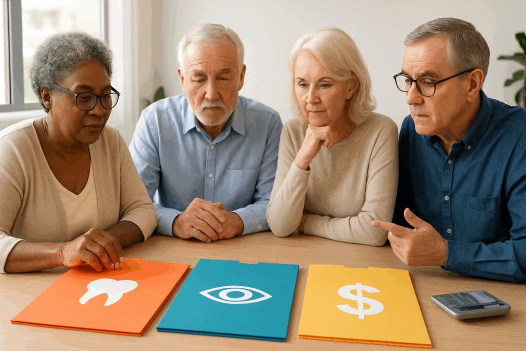 Seniors evaluating folders with icons for teeth, eyes, and money, representing choices in Medicare Dental and Vision Plans.