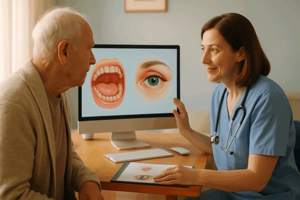 Senior man consulting with a healthcare provider about Medicare Dental and Vision Plans, reviewing mouth and eye illustrations on a screen.