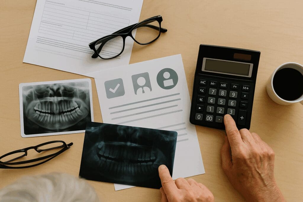 Elderly hand using calculator beside dental x-rays, glasses, and insurance forms, reviewing Medicare Dental and Vision Plans.