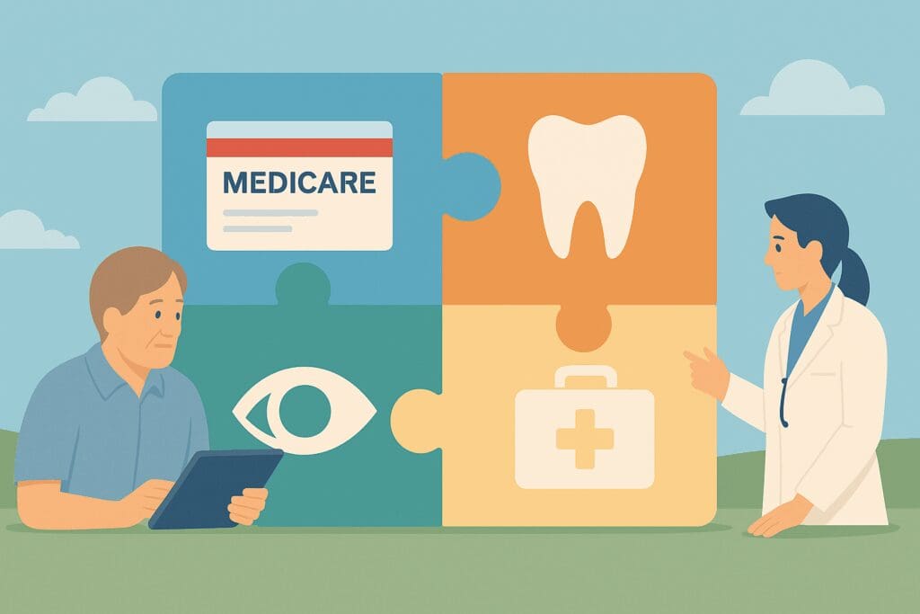 Puzzle pieces forming a unified scene with symbols for Medicare dental and vision plans, supplemental care, and holistic senior coverage.