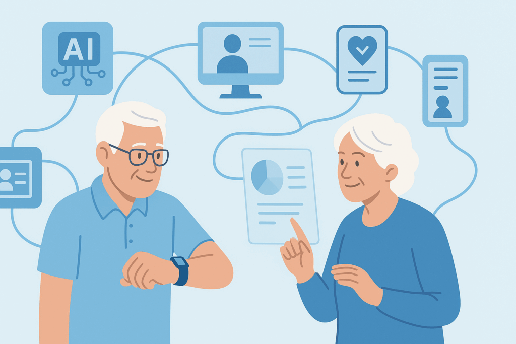 Elderly couple using wearable tech and smart displays connected to AI and telehealth icons, symbolizing Medicare Dental and Vision Plans.