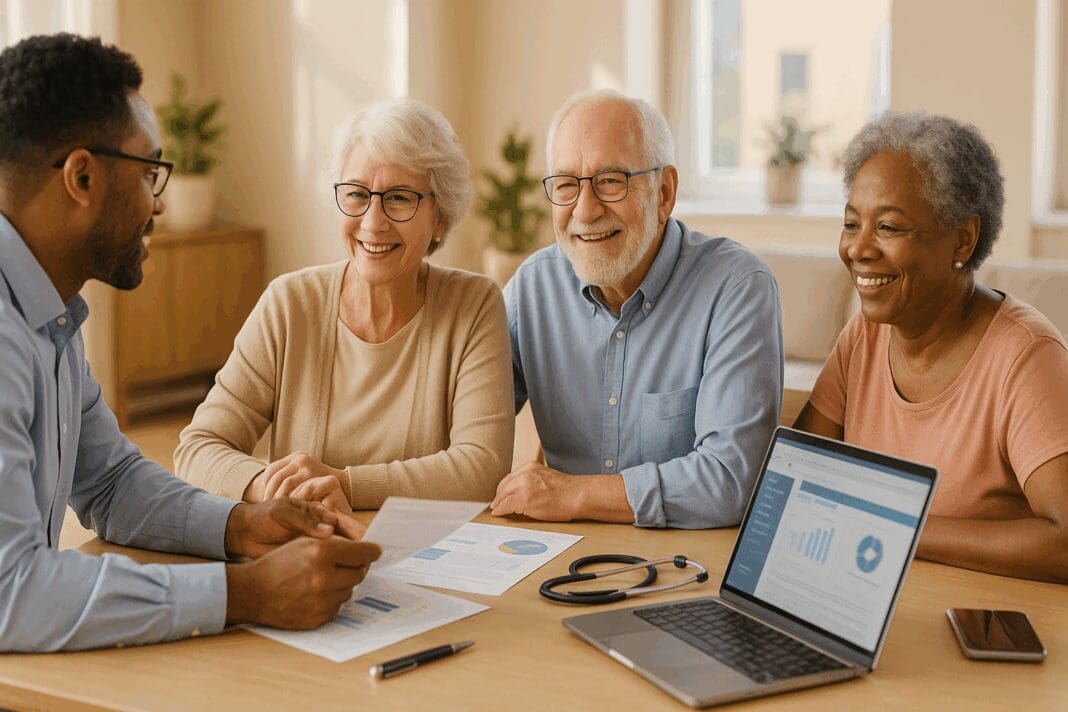 Diverse group of seniors meeting with advisor at table, reviewing charts and laptop on Medicare Supplemental Insurance options.