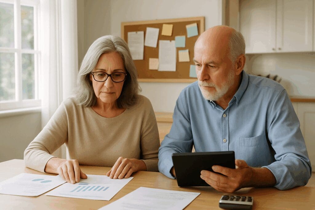 Senior couple reviewing charts and tablet at kitchen table, calmly evaluating Medicare Supplemental Insurance options together.