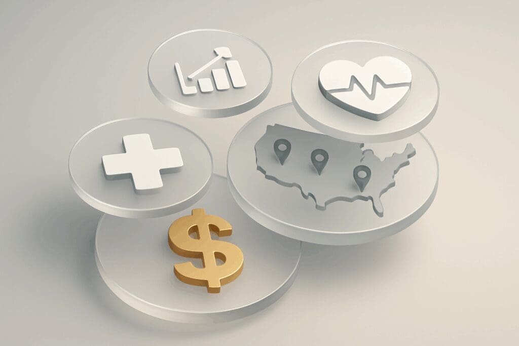 3D-rendered icons representing key cost factors in Medicare Supplemental Insurance, layered on transparent disks in a neutral setting.