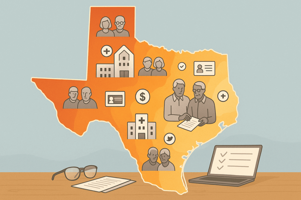 Heat map of Texas with icons of seniors, hospitals, and documents representing regional variations in Medicare Supplemental Insurance access.