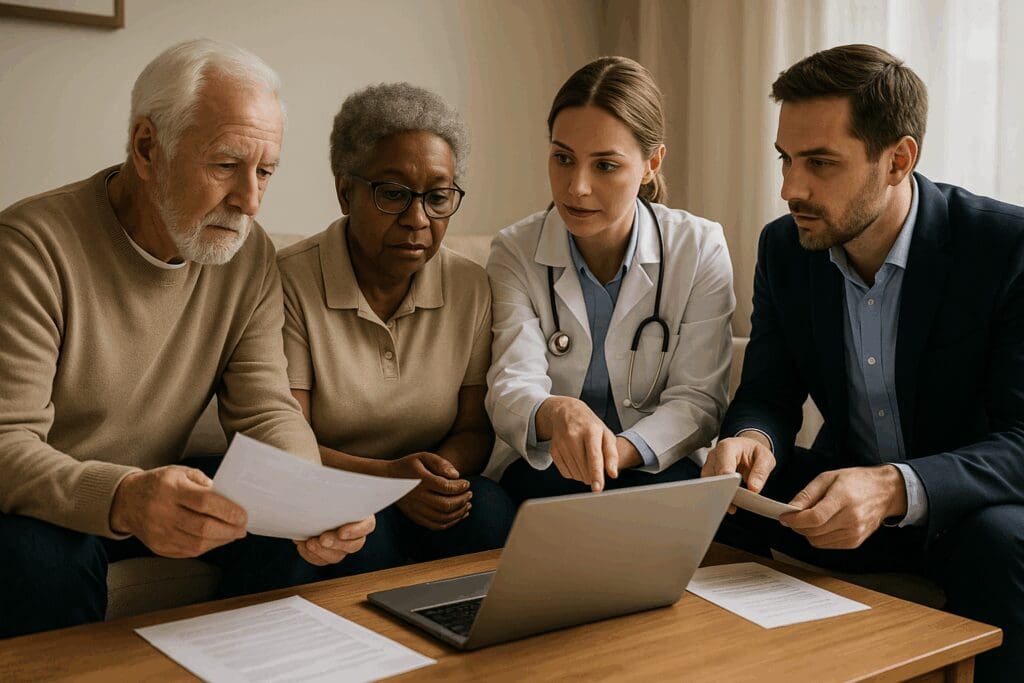 Seniors discussing Medicare supplemental insurance with a doctor and agent at home, reviewing documents and a laptop screen together.