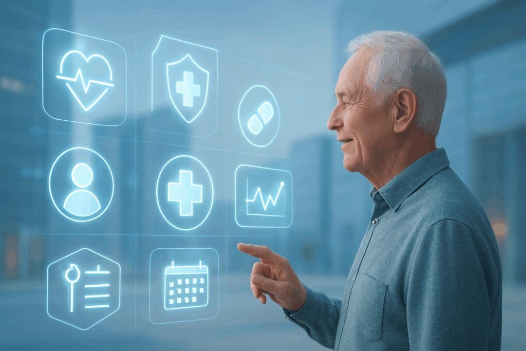 Senior man using a futuristic holographic interface with health icons and data graphs, symbolizing innovation in Medicare Supplemental Insurance.