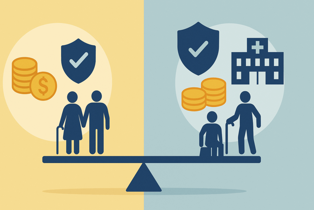 Infographic showing Medicare supplemental insurance trade-offs with icons of seniors, coins, shields, and hospitals on a balancing scale.