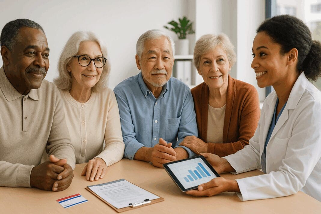 Diverse group of seniors meeting with a healthcare advisor in a modern office, reviewing Medicare Supplemental Policies on a tablet.