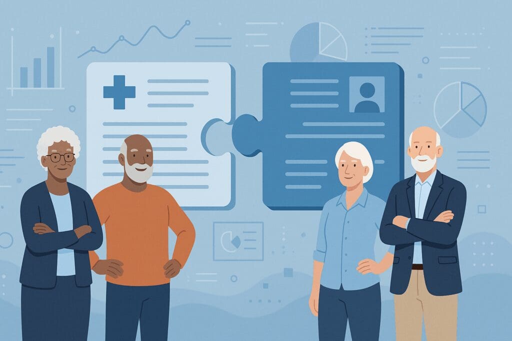 Interlocking puzzle pieces symbolizing Medicare and supplemental coverage with confident seniors and data visuals representing the structure of Medicare Supplemental Policies.
