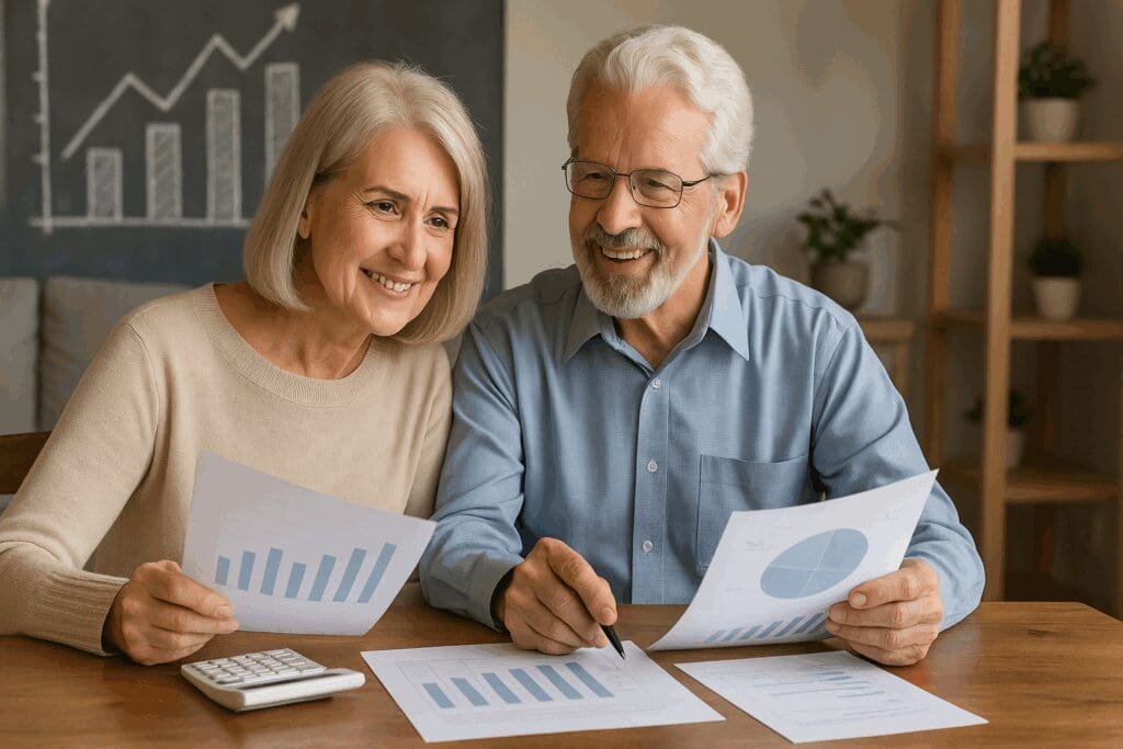 Senior couple reviewing household budget with financial charts in background, illustrating cost planning for Medicare Supplemental Policies.