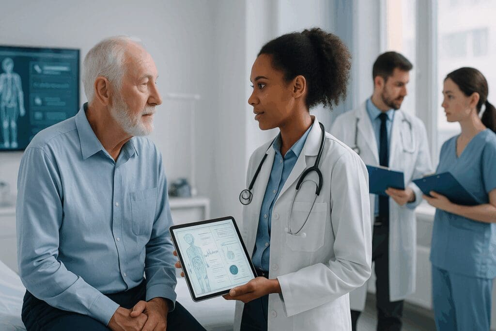 Senior patient consulting with a diverse team of doctors in a modern clinic, illustrating coordinated care supported by Medicare Supplemental Policies.