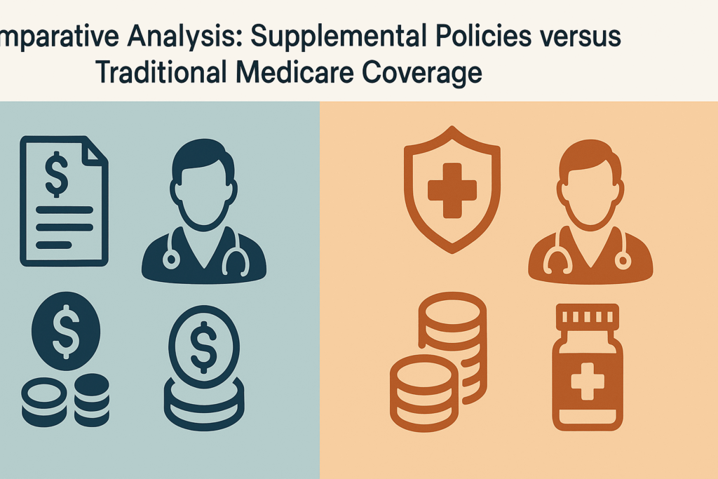 Infographic comparing Medicare with Medicare Supplemental Policies using icons for bills, doctors, coins, shield, and medication.