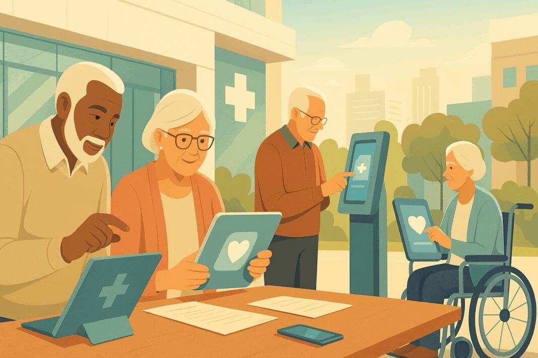 Diverse group of seniors using digital health tools at a clinic, symbolizing access and illustrating How Many People on Medicare.