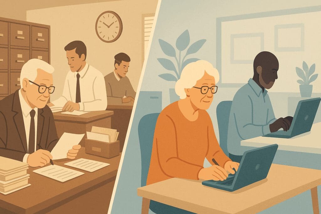 Visual timeline showing How Many People on Medicare evolved from paper-based sign-ups to digital enrollment platforms.