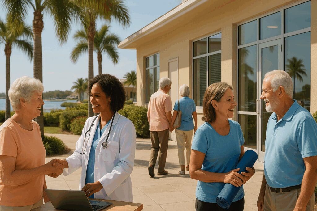 Group of Florida seniors engaging in healthcare and wellness activities, visually representing How Many People on Medicare in active communities.