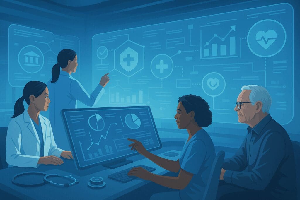Healthcare professionals and seniors analyzing futuristic data dashboards, illustrating trends and insights on how many people on Medicare.