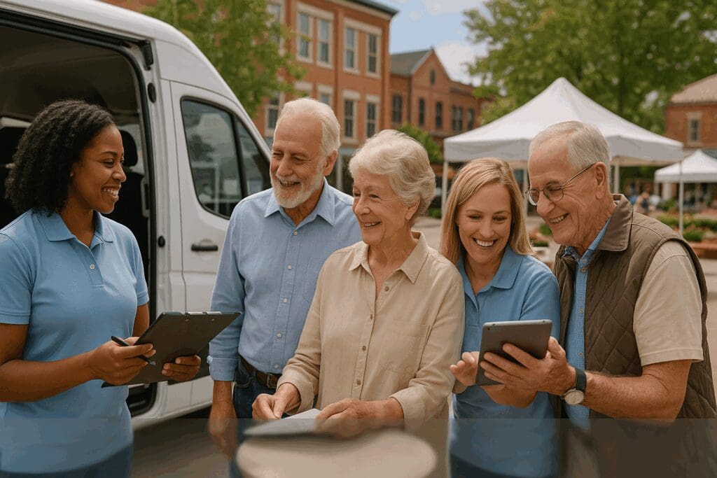 Seniors enrolling at a Medicare mobile van event in a small-town plaza, illustrating community impact and How Many People on Medicare.