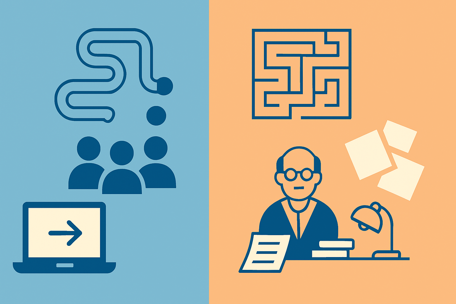 Side-by-side infographic illustrating how many people on Medicare experience efficient vs inefficient enrollment systems using symbolic visuals.