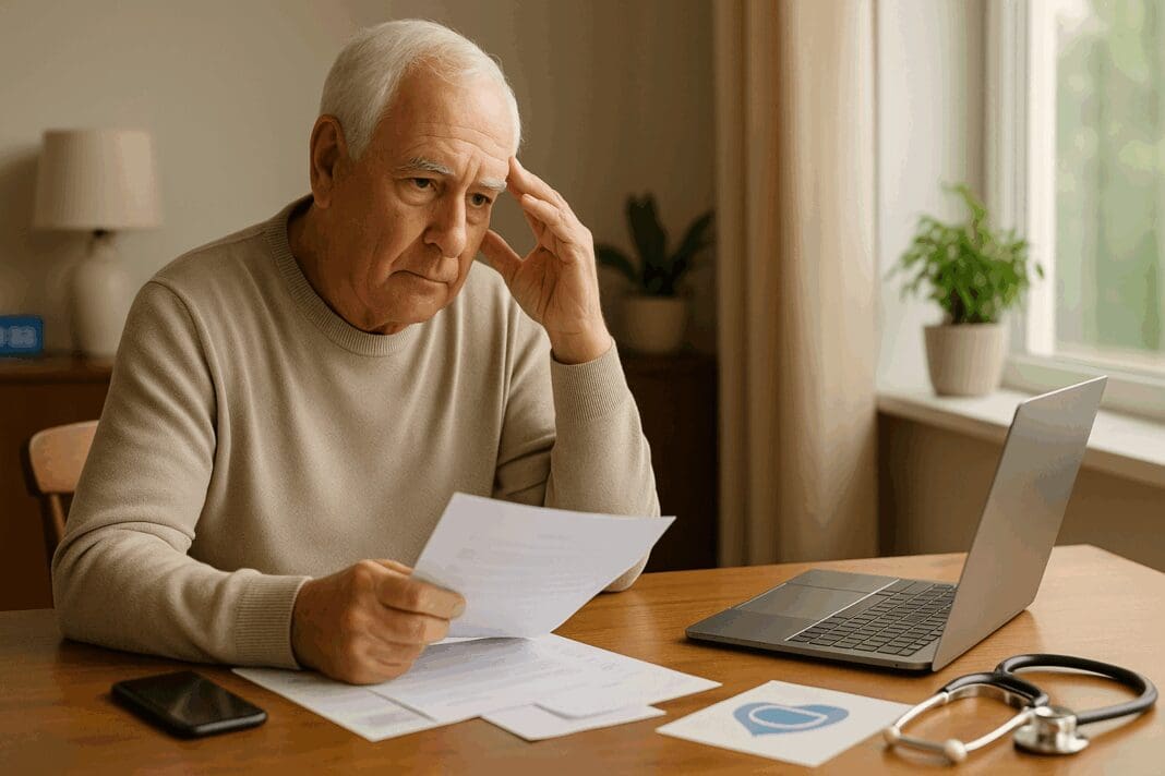 Senior man reviewing paperwork at home desk with laptop and stethoscope, planning around Medicare Enrollment Timelines.