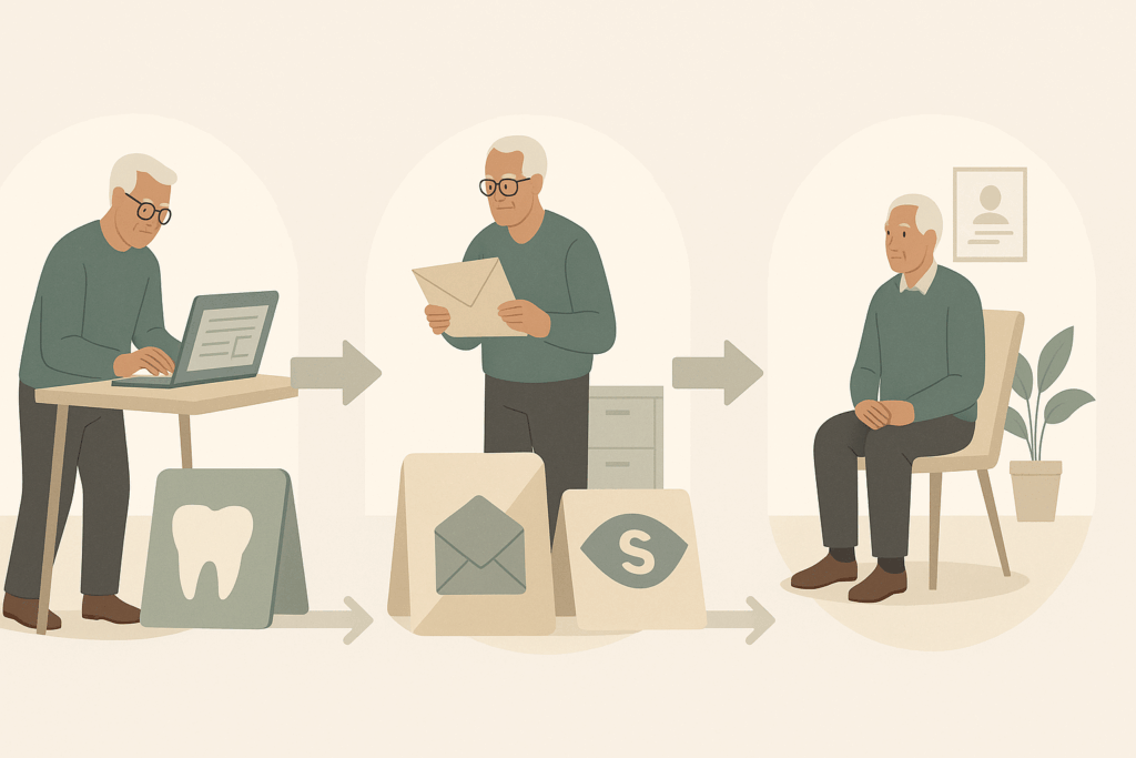 Senior man progressing through digital application, document submission, and review phases, illustrating Medicare Enrollment Timelines.