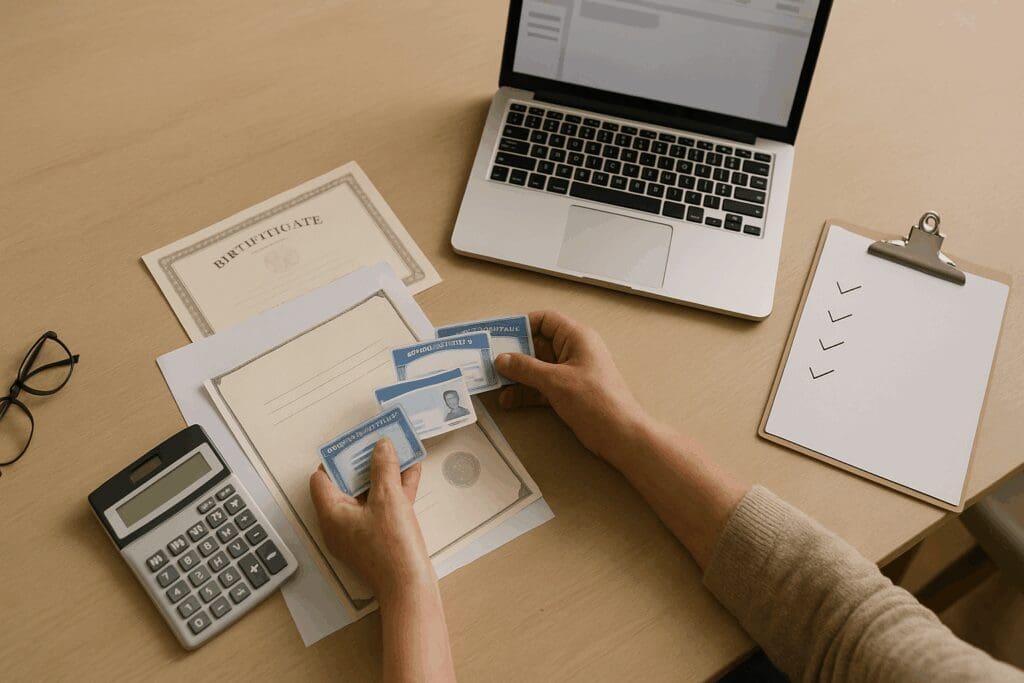 Hands sorting ID cards and documents on a desk with laptop and checklist, preparing for Medicare Enrollment Timelines.