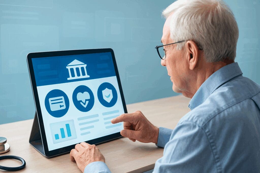 Senior man using a tablet to review Medicare enrollment timelines on a digital health portal with icons and graphs.