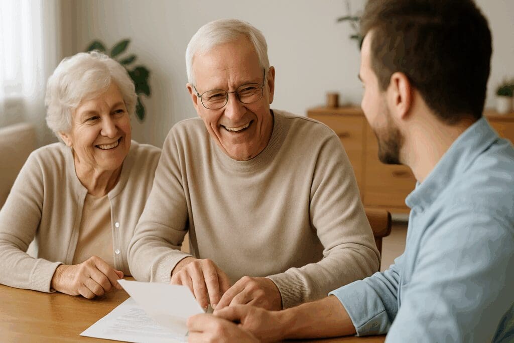 Senior couple reviewing paperwork with a younger advisor at home, discussing Medicare Enrollment Timelines in a warm, supportive setting.