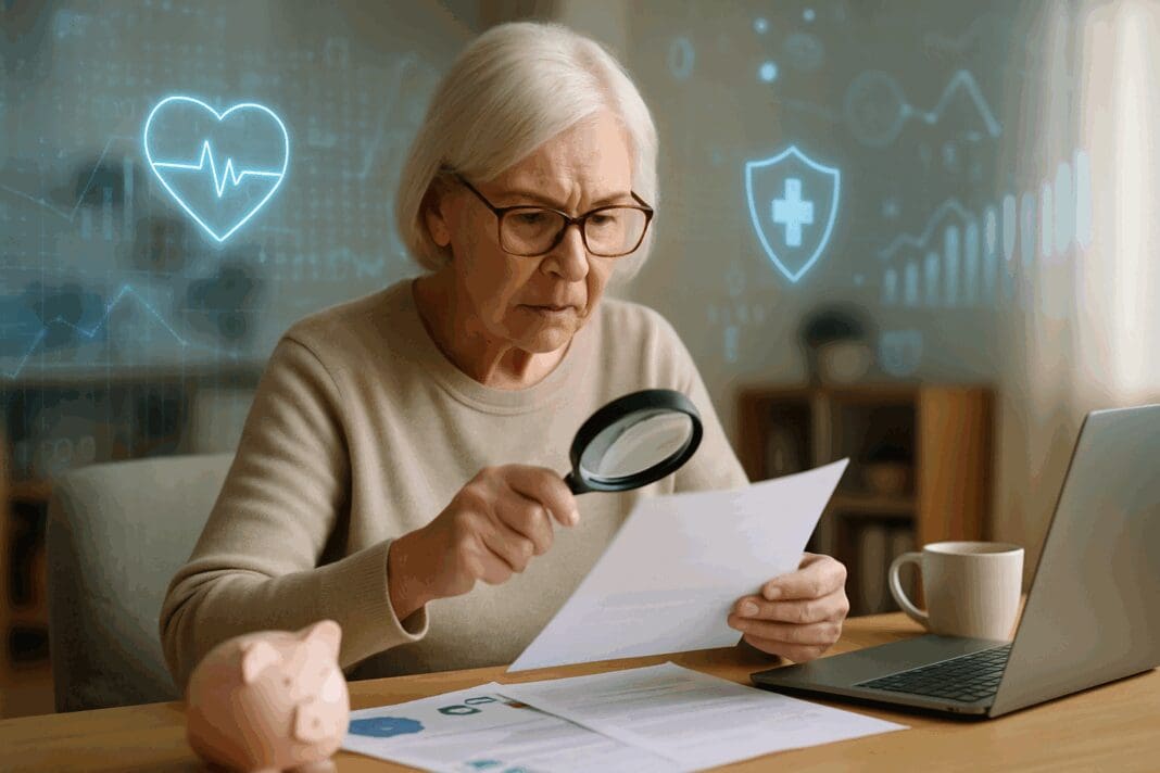 Senior woman examining medical bills with magnifying glass, symbolizing detection of Medicare Fraud Cases through technology.