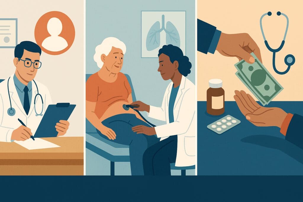 Illustration showing Medicare Fraud Cases with a doctor billing fake patients, unnecessary treatment, and an under-the-table kickback.