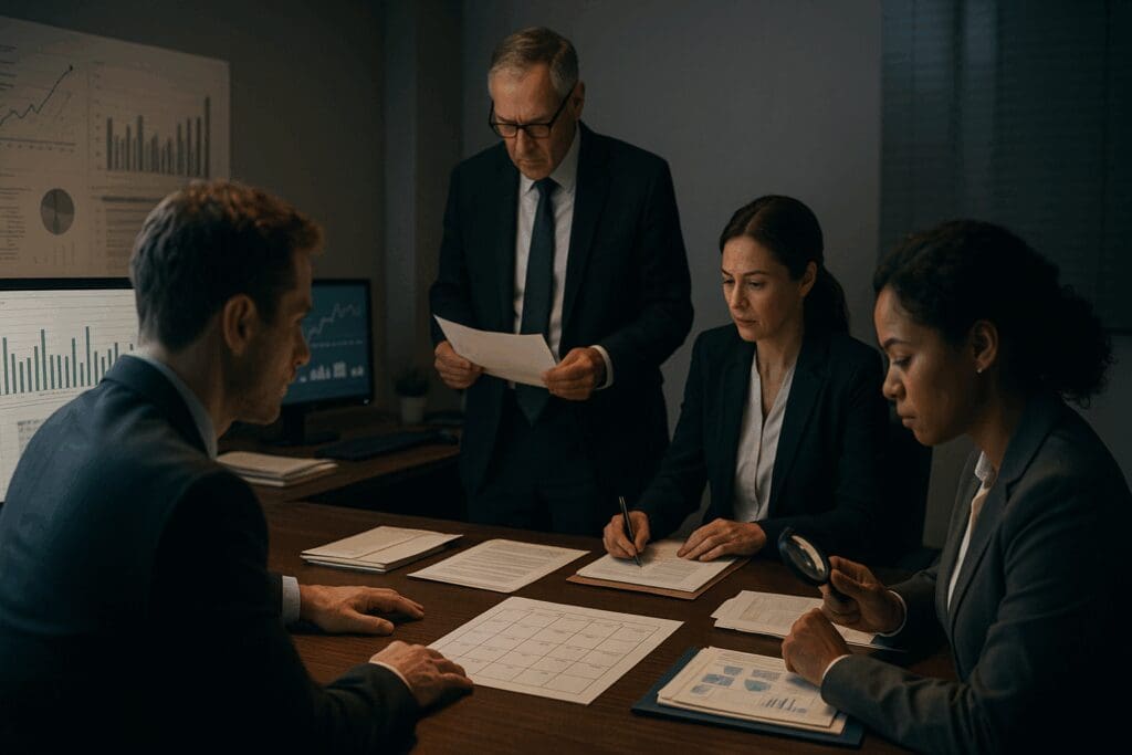 Team of investigators analyzing documents and billing data in a dimly lit office during a review of Medicare Fraud Cases.