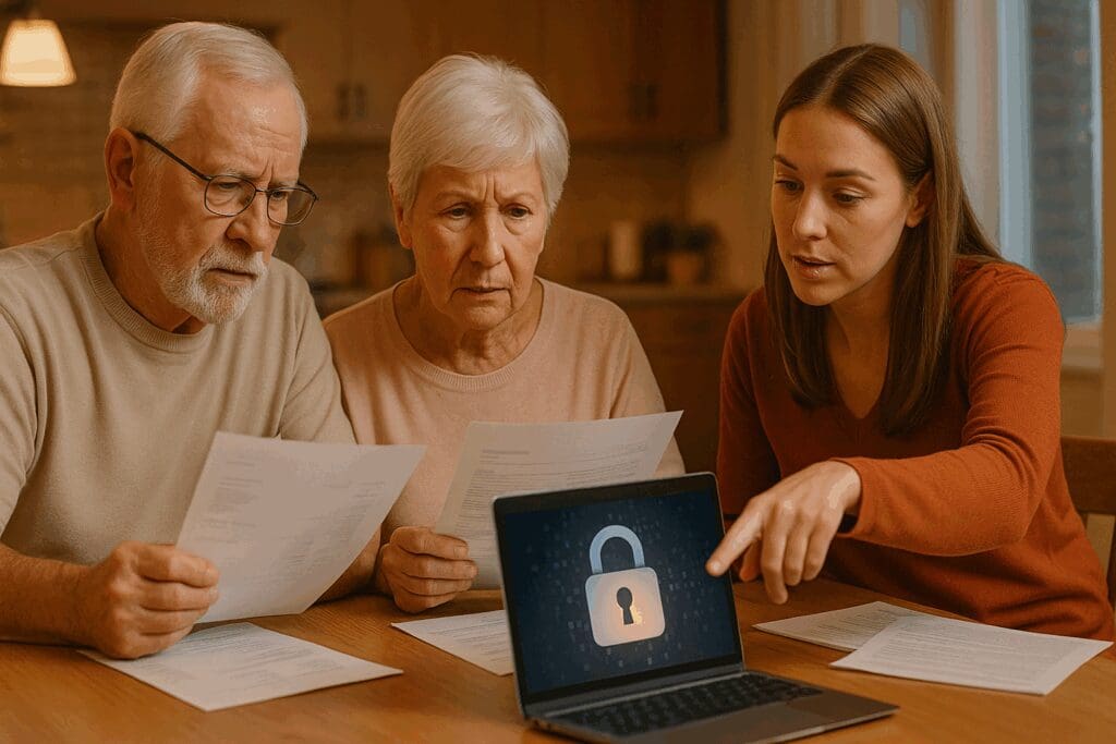 Senior couple and caregiver reviewing medical bills and laptop security screen, taking action to prevent Medicare Fraud Cases.