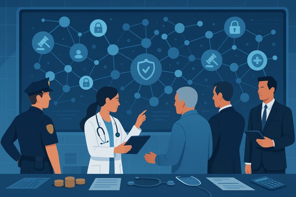 Law enforcement and healthcare officials analyzing digital networks to investigate Medicare fraud cases using secure data and legal tools.