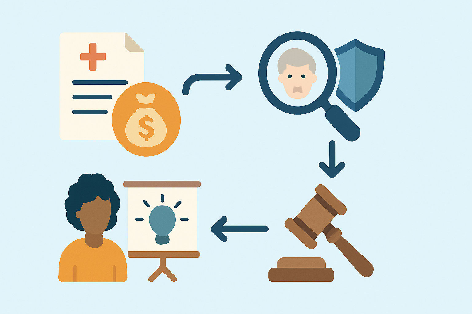 Flowchart with icons showing common steps in Medicare Fraud Cases, from false billing to investigation, legal action, and prevention.