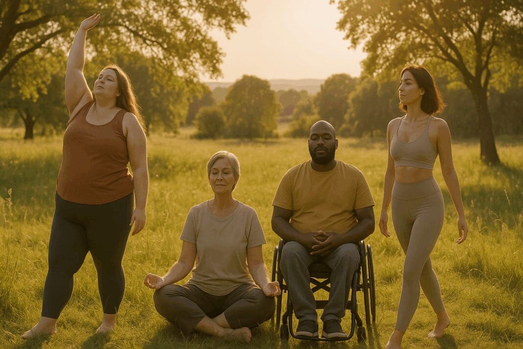 Diverse group practicing mindful movement in a sunlit meadow, representing affirmations for a healthy body and inclusive self-care