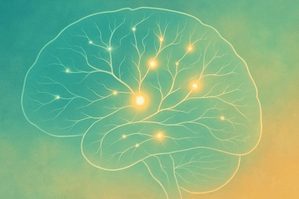 Abstract visualization of neural pathways glowing in calming tones, symbolizing how affirmations for a healthy body rewire the brain positively