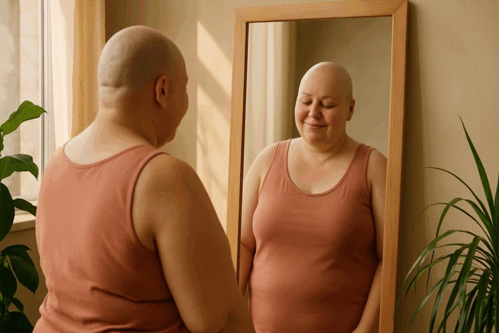 Smiling woman with a bald head and relaxed posture gazes into a mirror in a sunlit room, surrounded by plants—an embodiment of affirmations for a healthy body