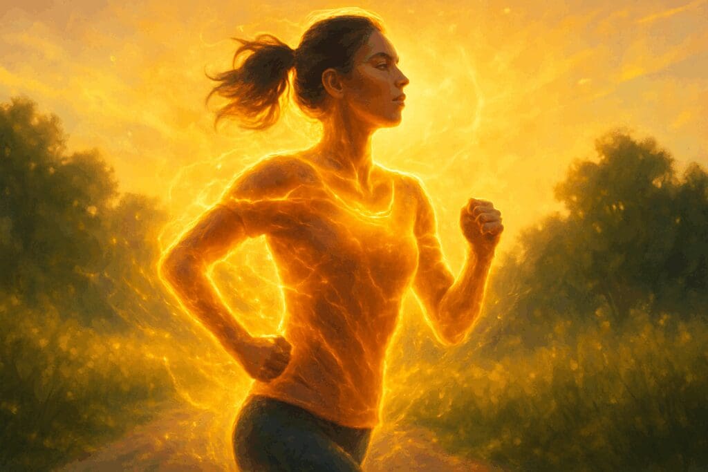 Woman jogging outdoors at sunrise, radiating energy and vitality—symbolizing affirmations for a healthy body.