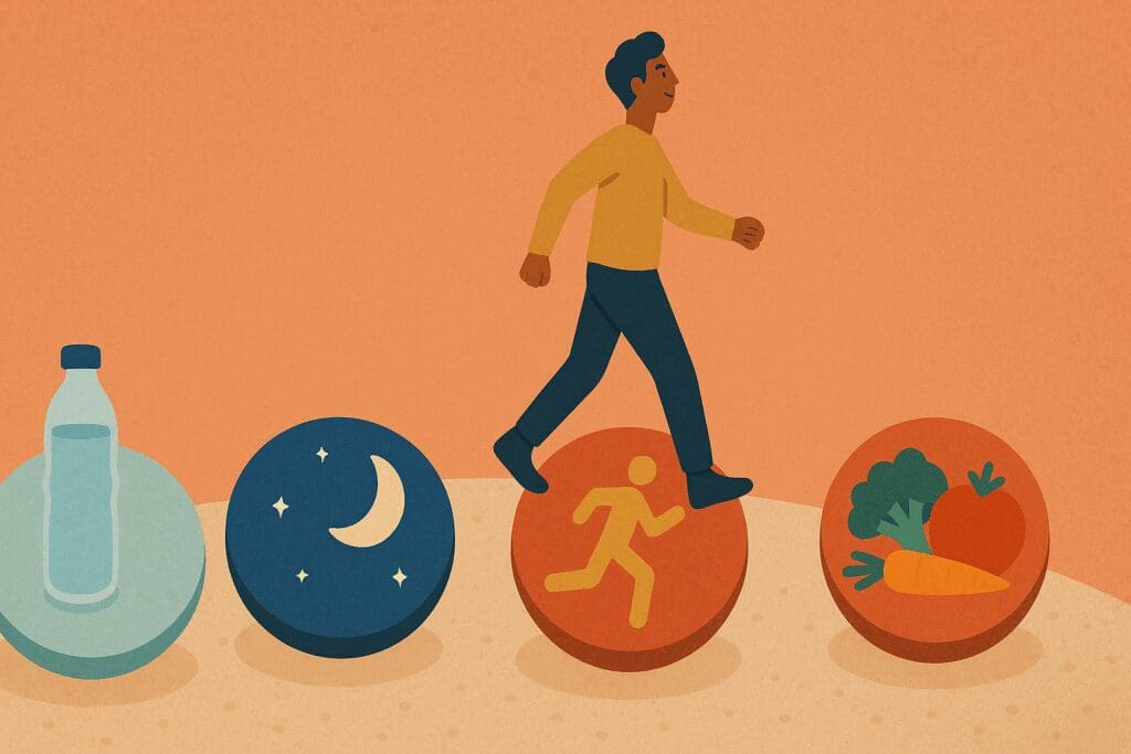 Person walking across symbolic stepping stones representing hydration, sleep, exercise, and nutrition—visualizing affirmations for a healthy body.