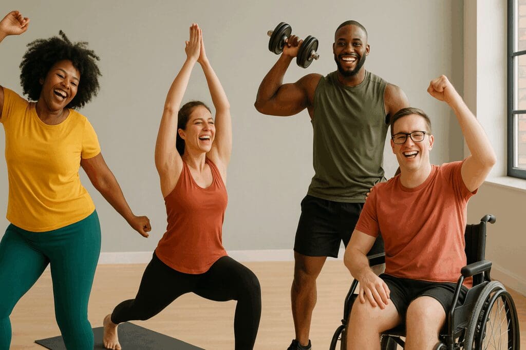 Diverse group of people smiling while practicing dance, yoga, strength training, and adaptive fitness, symbolizing affirmations for a healthy body