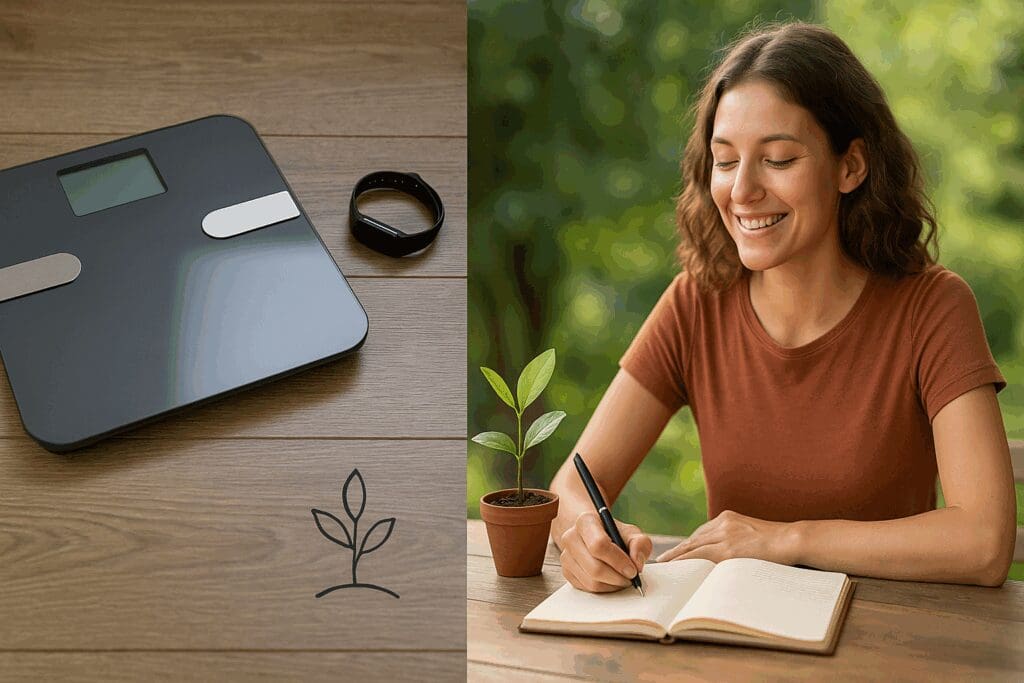 Juxtaposition of fitness tracker and scale with a woman journaling outdoors, symbolizing affirmations for a healthy body
