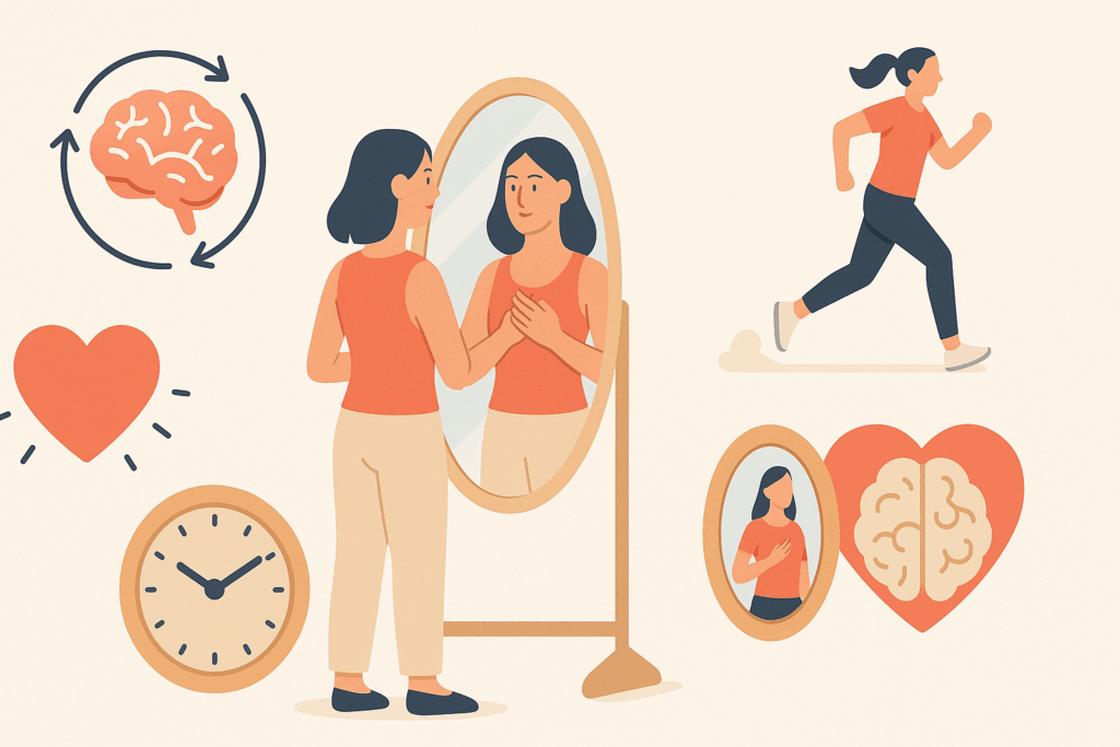 Infographic showing how affirmations for a healthy body promote mental and physical well-being through brain rewiring, emotional balance, and habit formation.